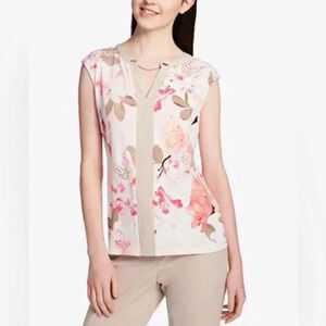 Calvin Klein Floral Cap Sleeve Chain Neck White Pink Women‎ Top Size 1X